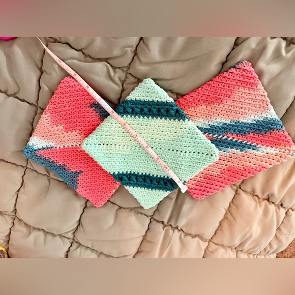 🧵 Handmade Crocheted Pot Holder Set – Orange/Pink & Shades of Teal (Set of 3) - Picture 3 of 5